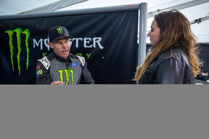 Brian Deegan (left) talks about his race strategy with Auto Racing Digest's Victoria Beaver. Photo: Garth Milan.